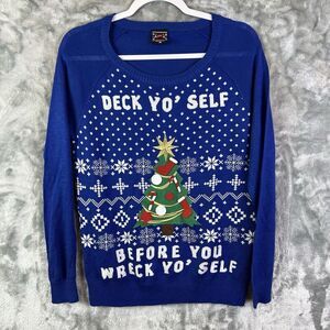 Ugly Christmas Sweater Deck Yo Self Before You Wreck Yo Self Funny Medium Blue